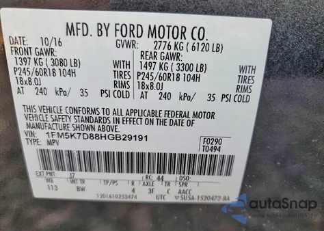 2017 Ford Explorer Xlt from USA, damaged, VIN 1FM5K7D88HGB29191